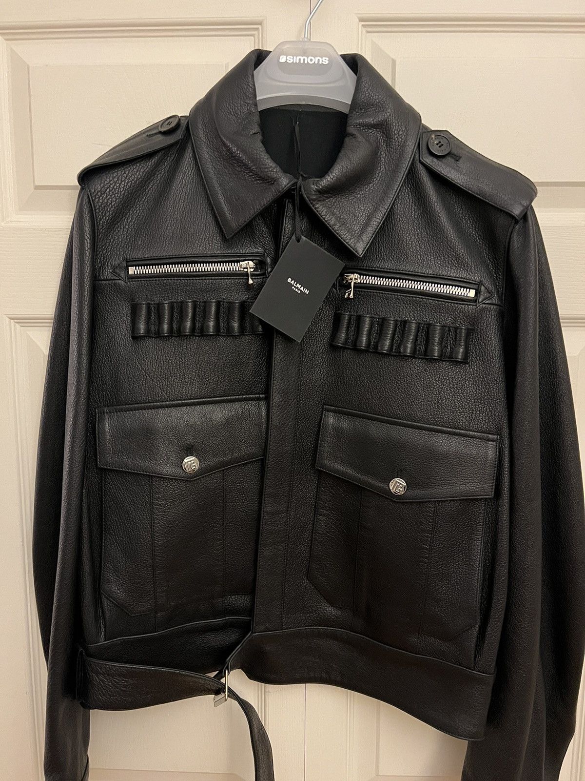 Balmain NEW 48 Grained Leather Lamb Skin Military Belt Bomber Jacket Size US M / EU 48-50 / 2 - 8 Thumbnail