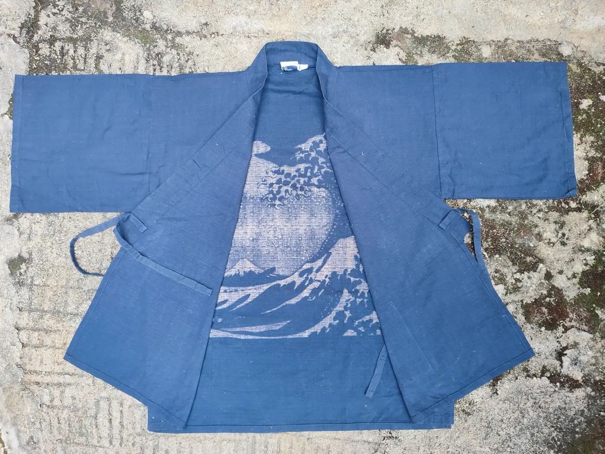 Japanese Brand Vintage Japanese Noragi Jacket Indigo Hokusai Wave Print Size US L / EU 52-54 / 3 - 10 Thumbnail