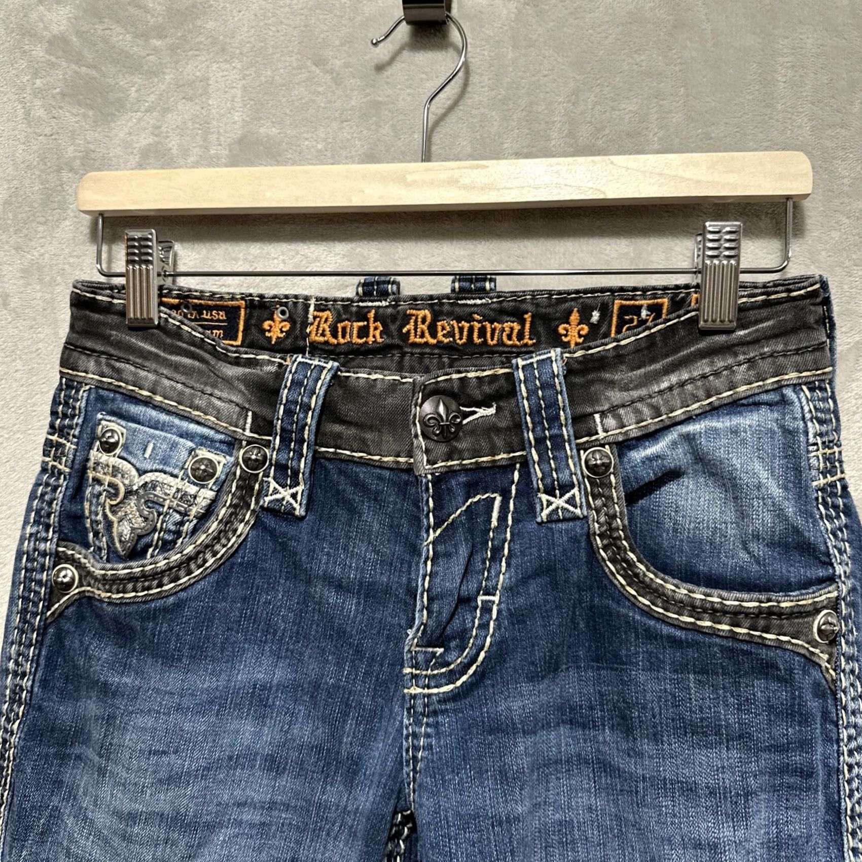 Vintage Rock Revival Dorran Slim Straight Jeans 27 Denim 5-Pocket Logo Embroidered Pockets Mens Blue Size US 27 - 4 Thumbnail