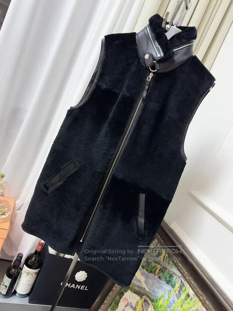 Hermes Black Leather and Fur Long Sleeve Vest Coat