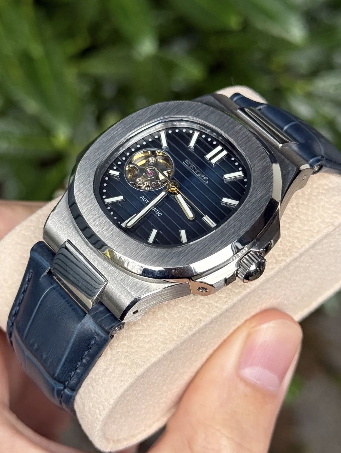 Japanese Brand Seiko Mod Nautilus Navy Open Dial Steel Watch Leather 41mm Size ONE SIZE - 2 Thumbnail