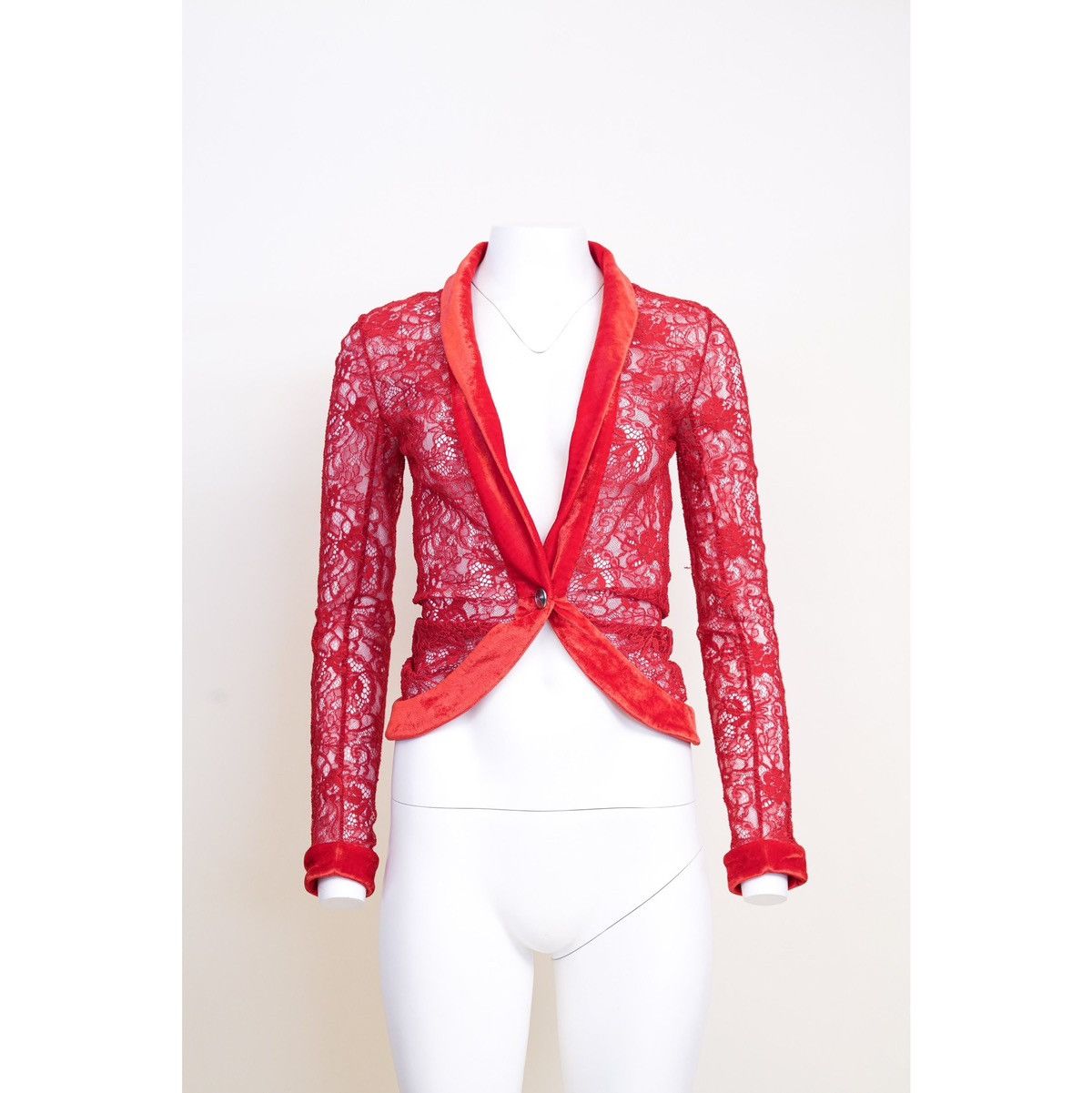 Dior Christian Dior F/W 2003 Red Lace Jacket Top with Velvet Trim Size S / US 4 / IT 40 - 2 Thumbnail