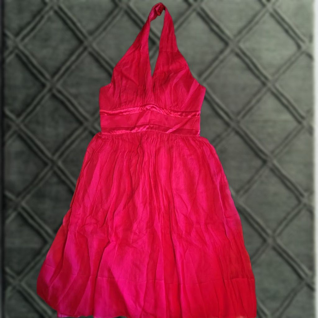 MAGGY LONDON Maggy London Dress Halter Silk Womens Fuchsia 6 Sundress Knee Length Lined Zip Zip Closure Pattern: Solid (No extra words) Size M / US 6-8 / IT 42-44 - 1 Thumbnail