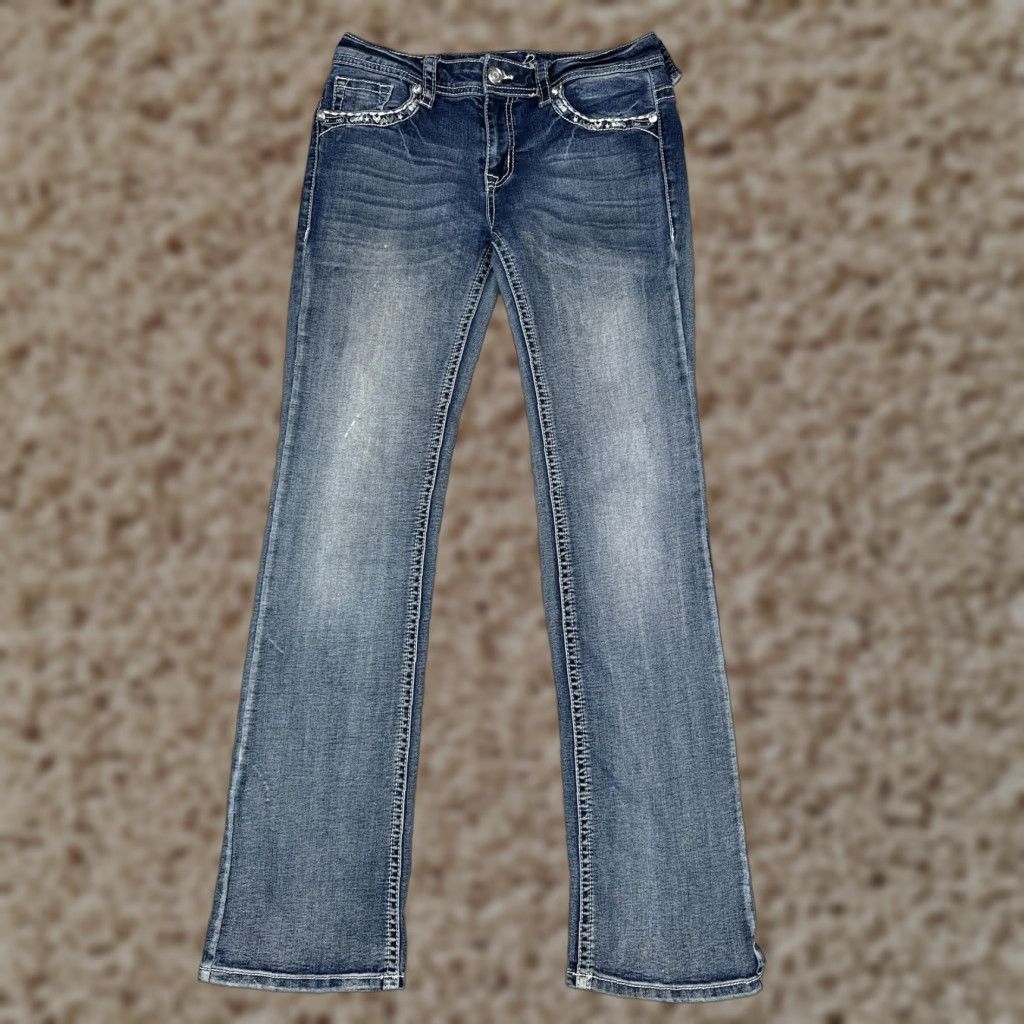Vintage Cedar Rose Jeans Womens Bootcut Blue 27 Low Rise Stretch Denim 27x32 Rhinestone Embroidered Pockets Size 27" / US 4 / IT 40 - 1 Thumbnail