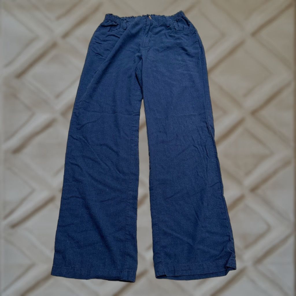 Vintage Unbranded Casual Pants Women S Navy Elastic Waist Straight Leg 26x28 Linen Cotton Blend Paperbag Style Slim Size 28" / US 6 / IT 42 - 1 Thumbnail