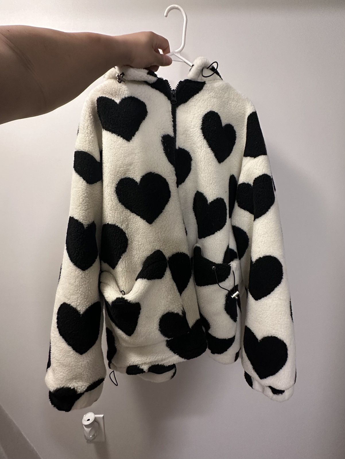 Image of Vintage Hearts All Over Monogram Sherpa Coat Jacket in White, Men's (Size XL)