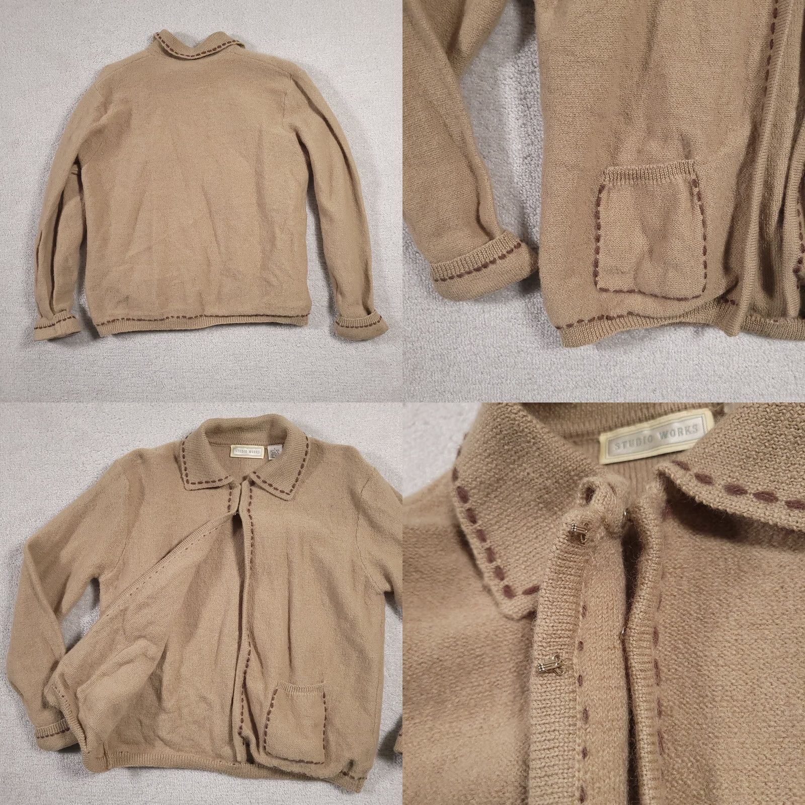 Vintage VINTAGE Studio Works Cardigan Sweater Women Large Beige Collared Wool Knit Long Sleeve Pockets Size L / US 10 / IT 46 - 8 Thumbnail