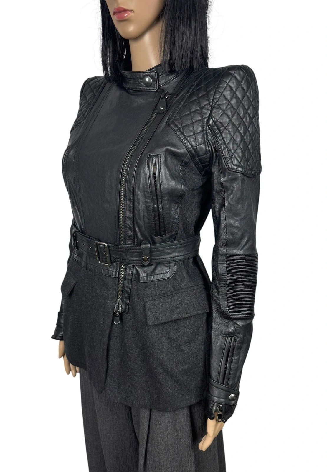 Diesel Black Gold Biker Belted Jacket Leather Wool size 40
