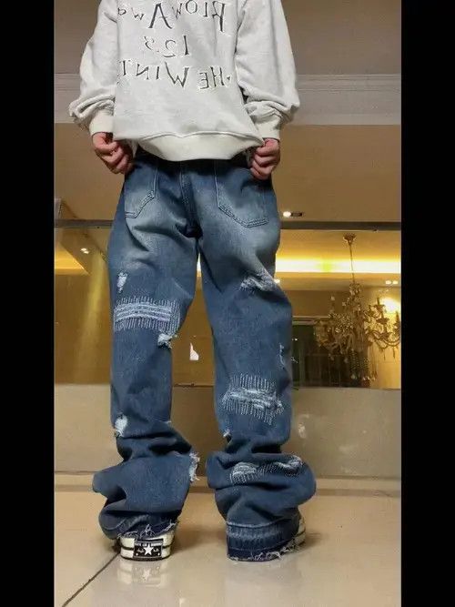 Designer damaged distressed patch baggy jeans Size US 32 / EU 48 - 4 Thumbnail