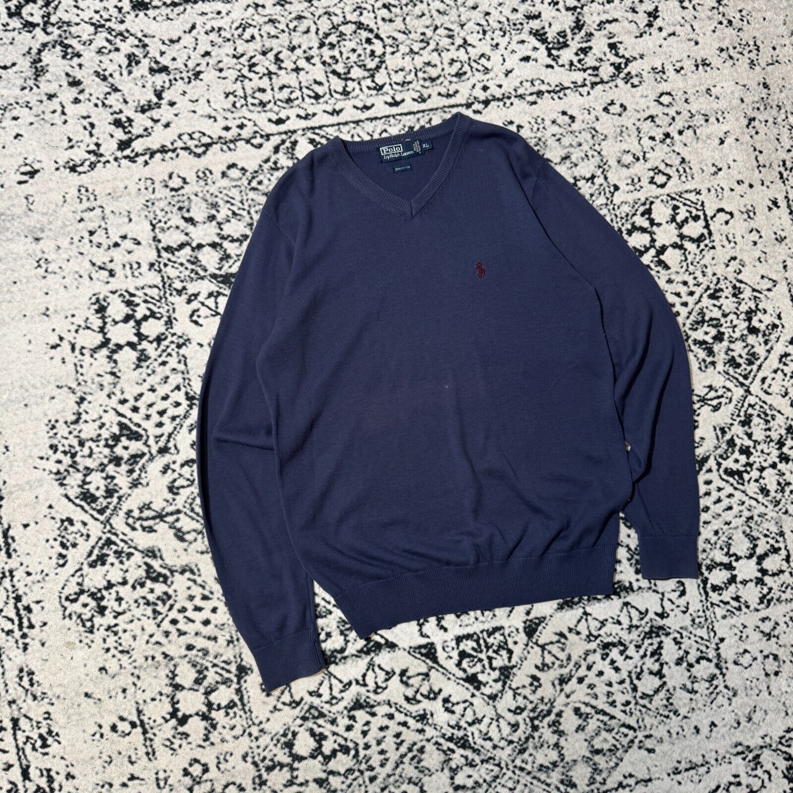Ralph Lauren × Vintage Vintage Ralph Lauren Navy Blue Cotton Sweater Size XL V-Neck Size US XL / EU 56 / 4 - 3 Thumbnail