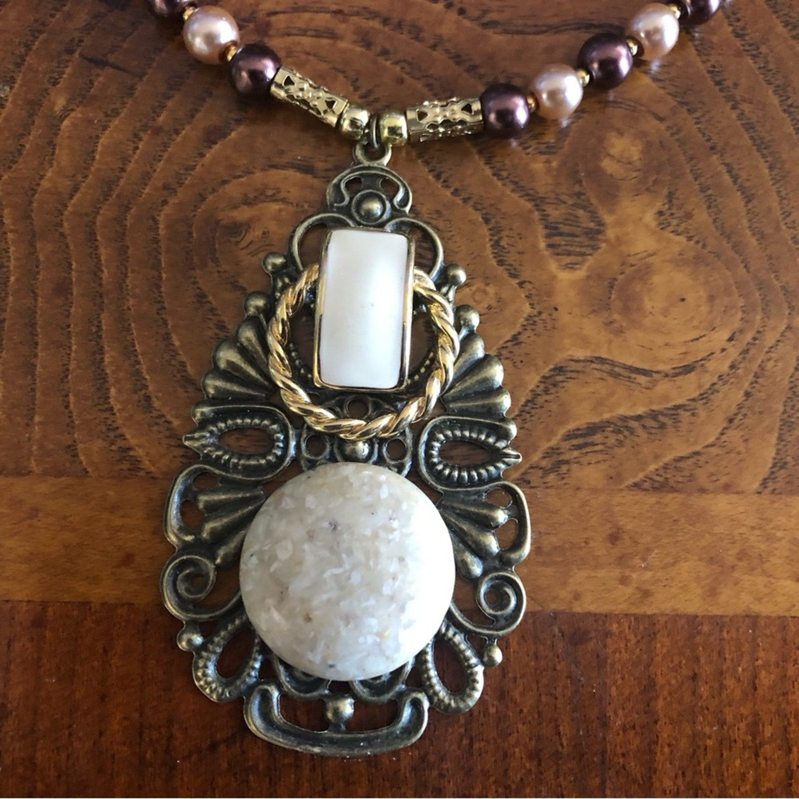 Handmade Handcrafted repurpose filigree pendant Czech Pearl necklace Size ONE SIZE - 11 Thumbnail
