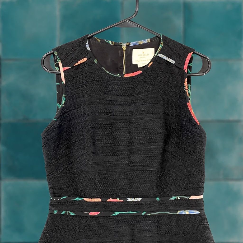 Vintage VINTAGE Kate Spade New York Tweed Dress Womens 4 Black Fit Flare Floral Blossom Trim Size S / US 4 / IT 40 - 1 Thumbnail