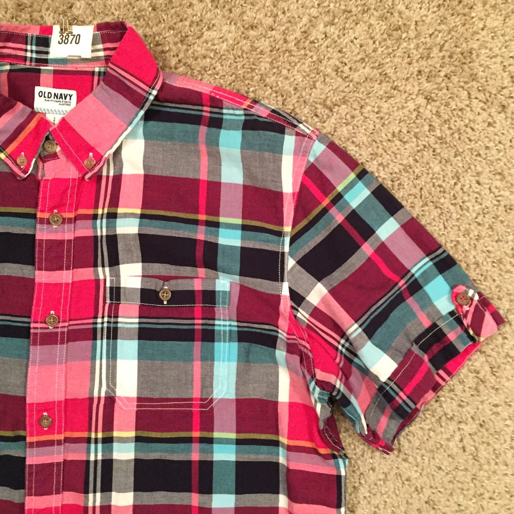 Old Navy Old Navy Button-Up Shirt Mens L Slim Fit Pink Plaid Short Sleeve Pockets Size US L / EU 52-54 / 3 - 5 Thumbnail