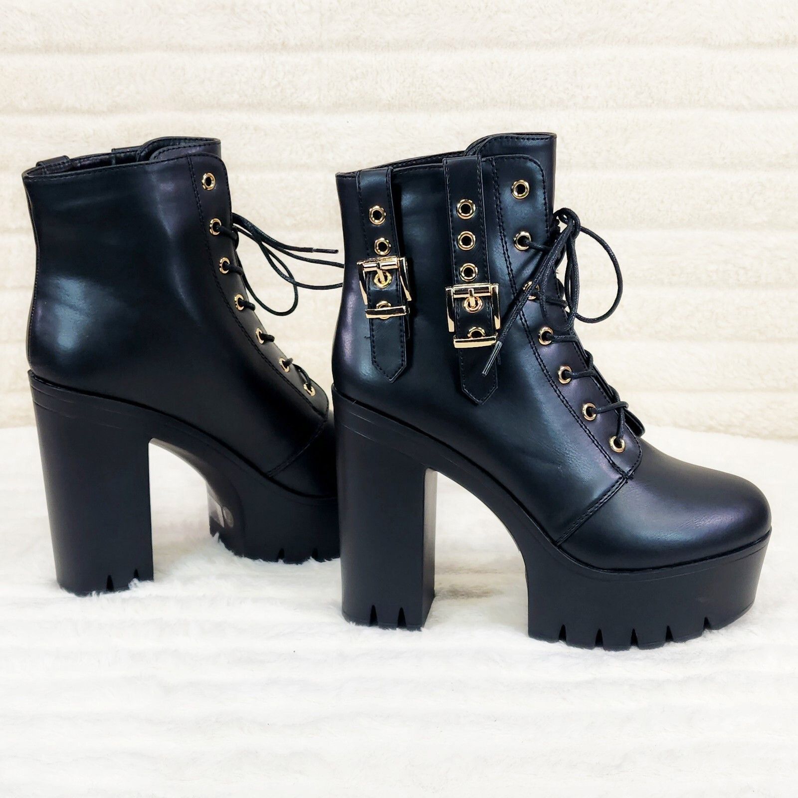 Other Linda Black Chunky Block Heel Lave Up Ankle Boots Brand New Size US 8 / IT 38 - 4 Thumbnail