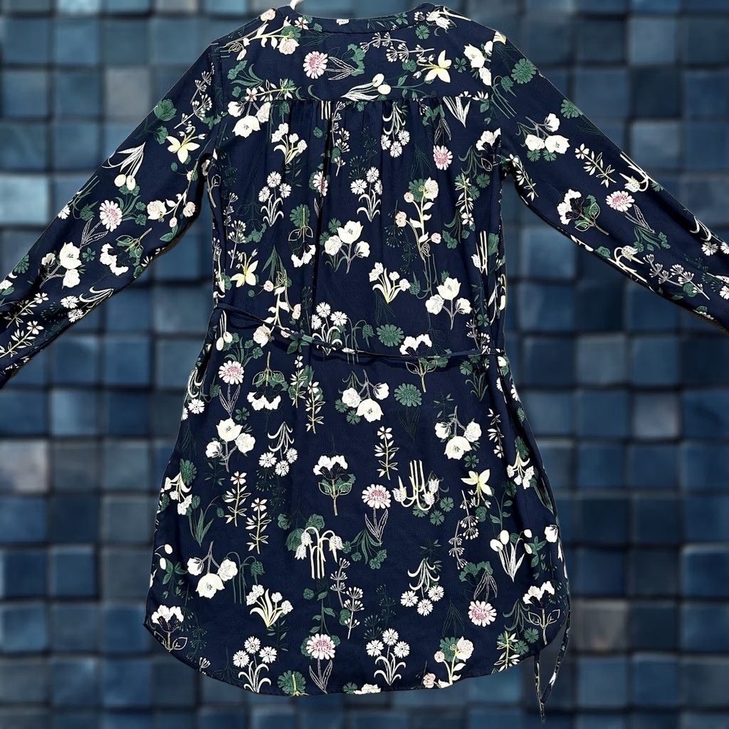 Loft LOFT Dress Womens XS Navy Blue Floral Print Midi Button Front Long Sleeve Belted Size XS / US 0-2 / IT 36-38 - 1 Thumbnail