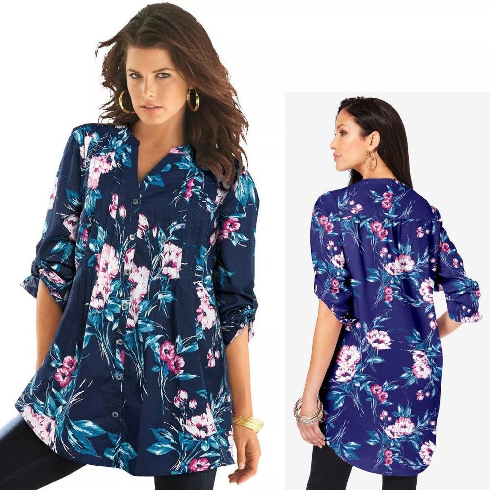 Other New Roaman's Blue Floral Long Roll -Up Sleeve Cotton Big Sh Size 4XL / US 24-26 - 1 Thumbnail