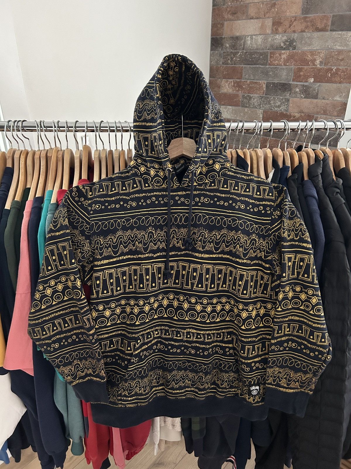 image of Y2K Stussy All Over Print Hoodie in Black, Men's (Size Medium)