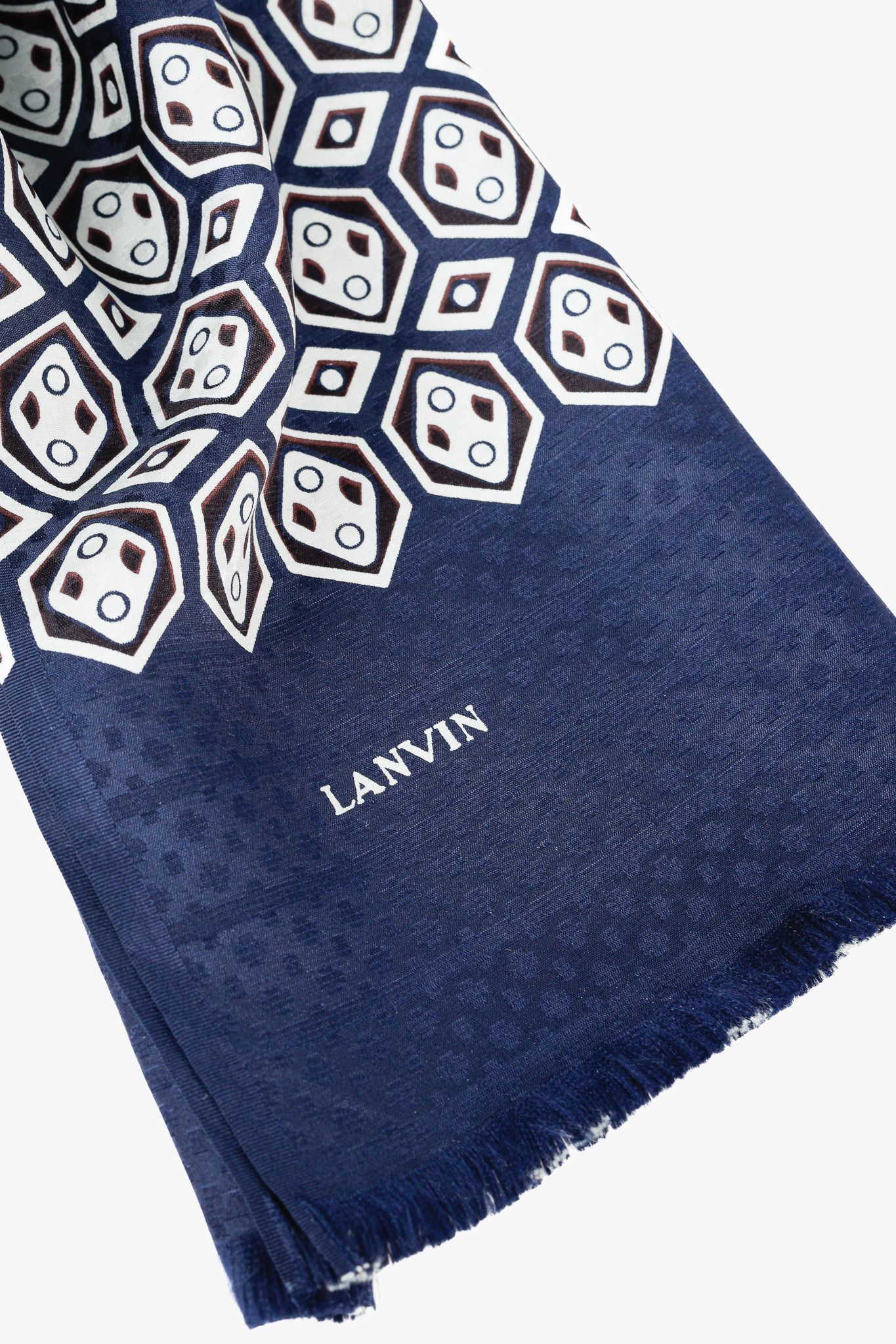 Lanvin Lanvin Navy Geometric Print Fringe Silk Vintage Scarf Size ONE SIZE - 2 Thumbnail