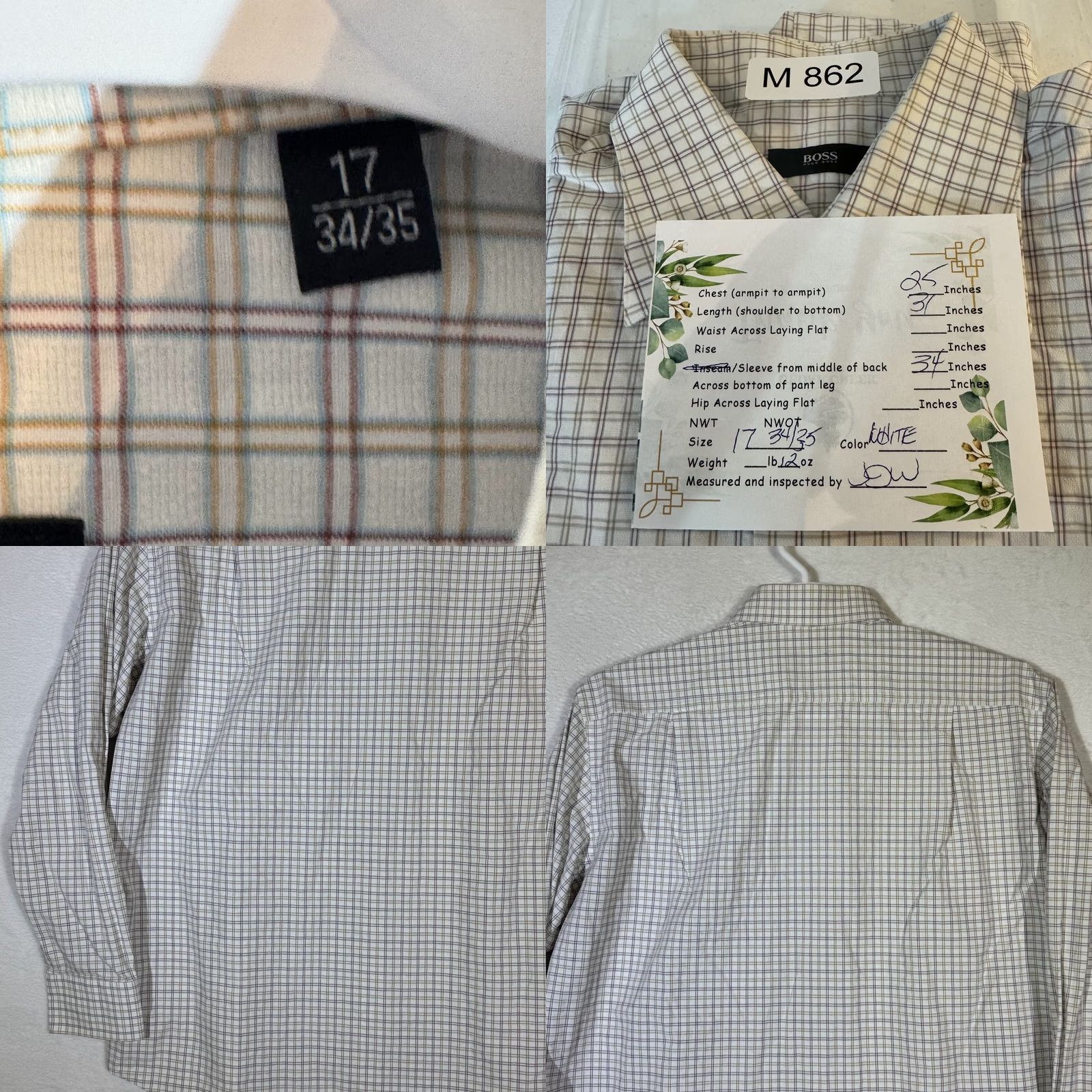 Hugo Boss VINTAGE: Hugo Boss Shirt 100% Cotton White Gray Plaid Dress Shirt Long Sleeve 17 Neck/34-35 Sleeve Mens Size 34R - 8 Thumbnail