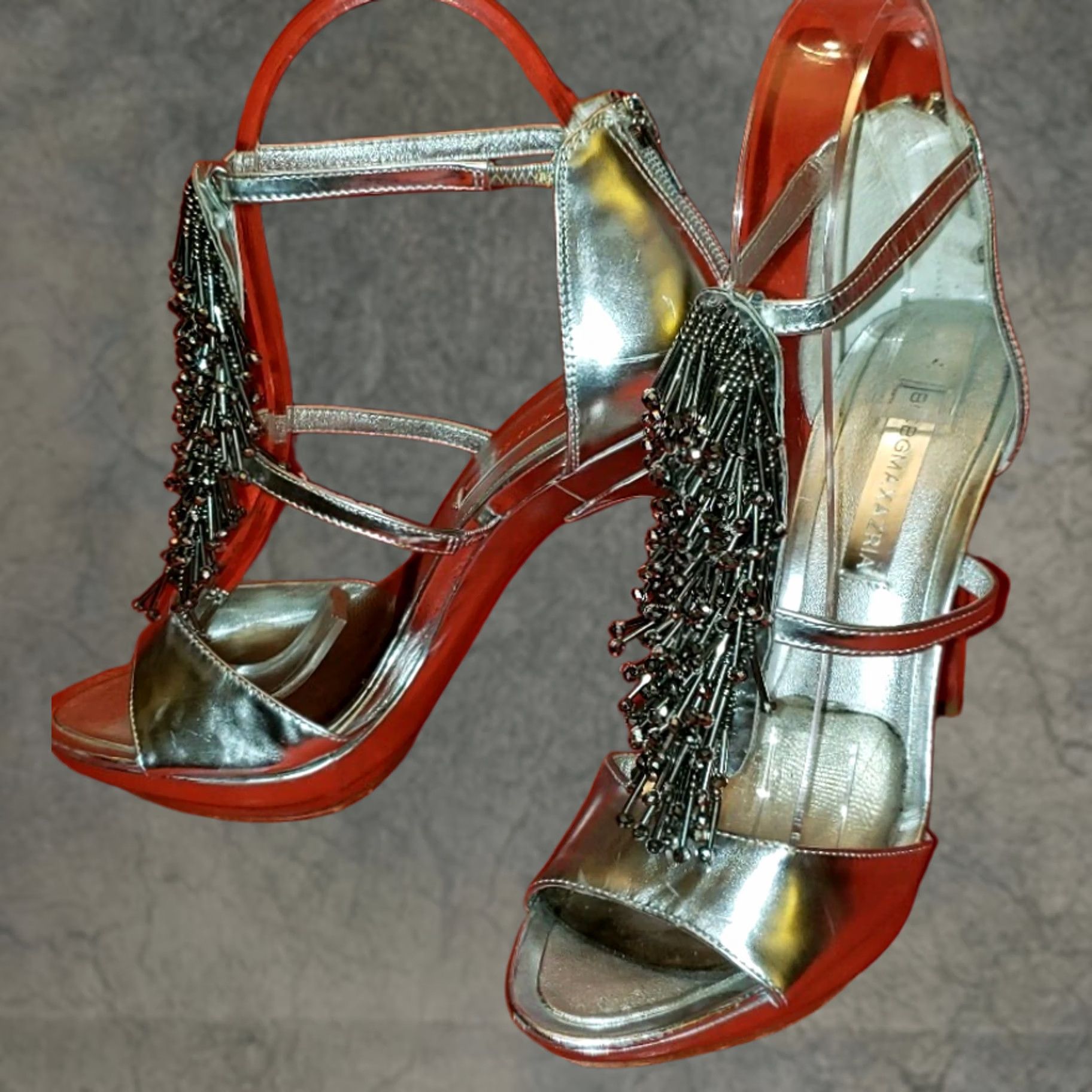 Bcbgmaxazria BCBG MAXAZRIA Pumps Womens Silver ANKLE STRAP HEEL SIZE BEADED TASSELS UPFRONT Size US 5 / IT 35 - 1 Thumbnail