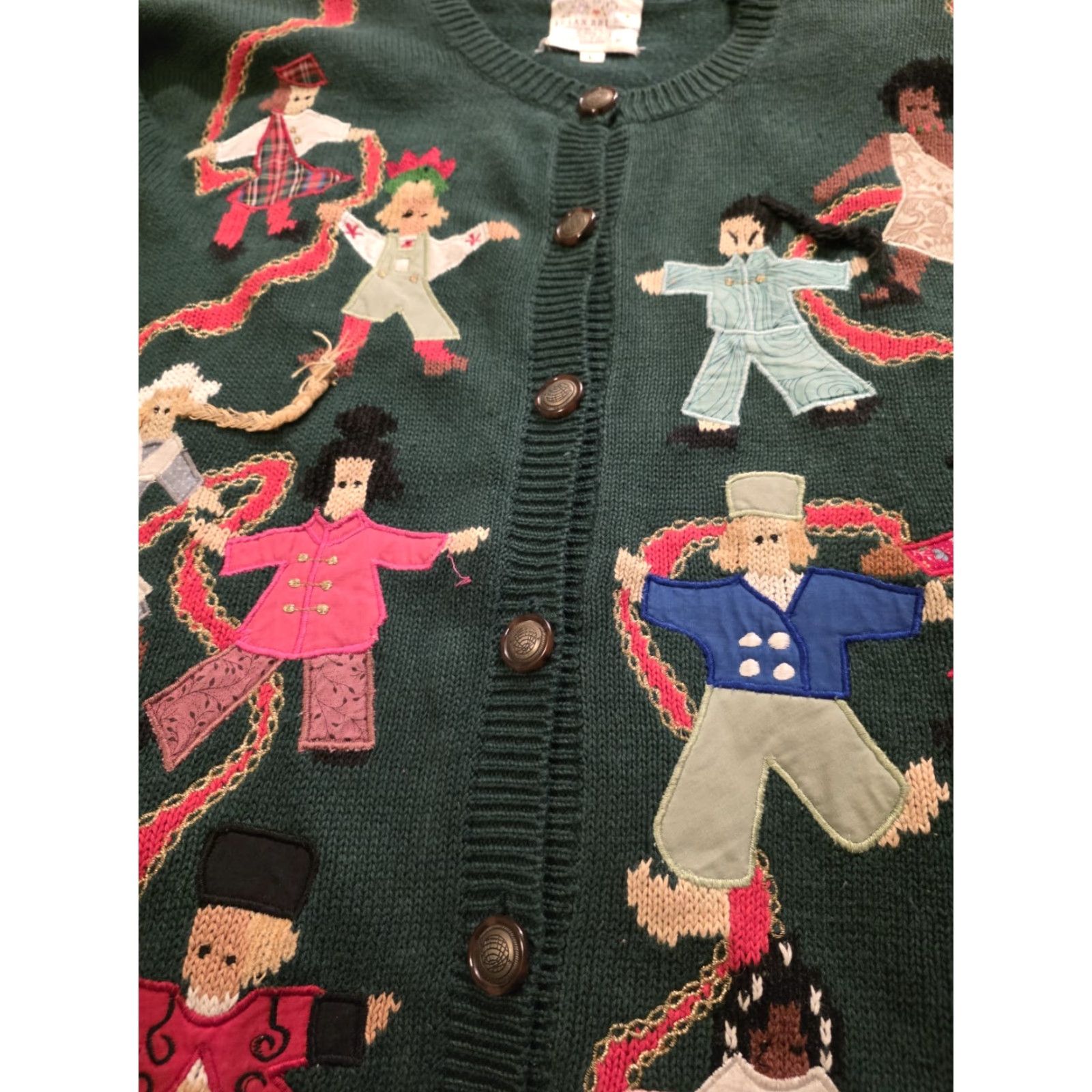 VINTAGE Susan Bristol Sweater Cardigan Women Large Green 90s Folk Art Geometric Embroidered Button Raglan Sleeve