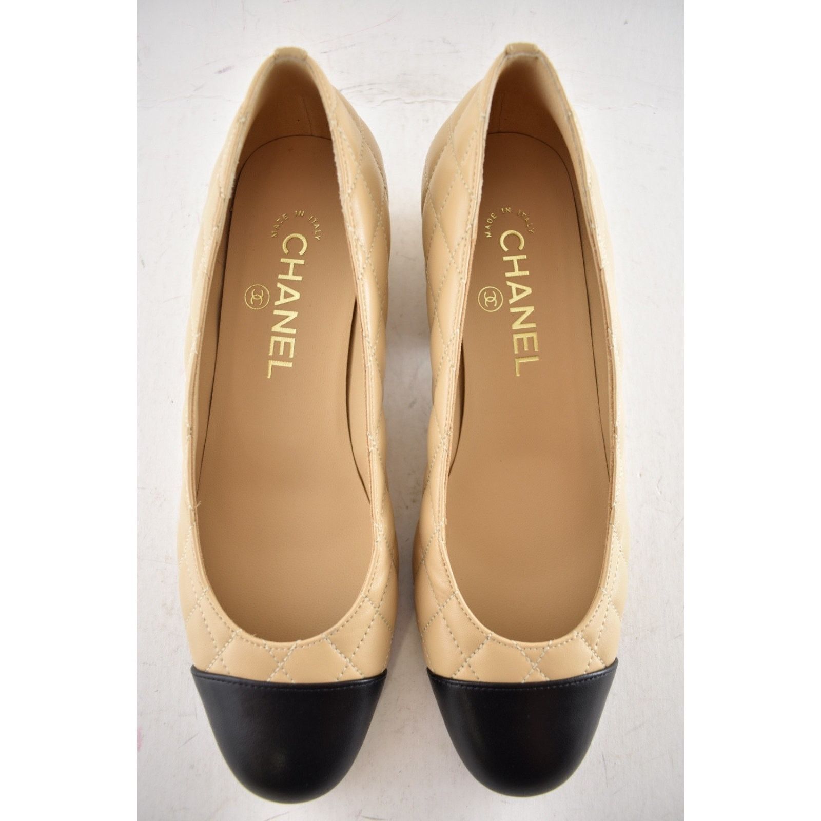 Chanel Chanel 24B Beige Lambskin Quilted CC Block Heel Pumps 37.5 Size US 7.5 / IT 37.5 - 10 Thumbnail