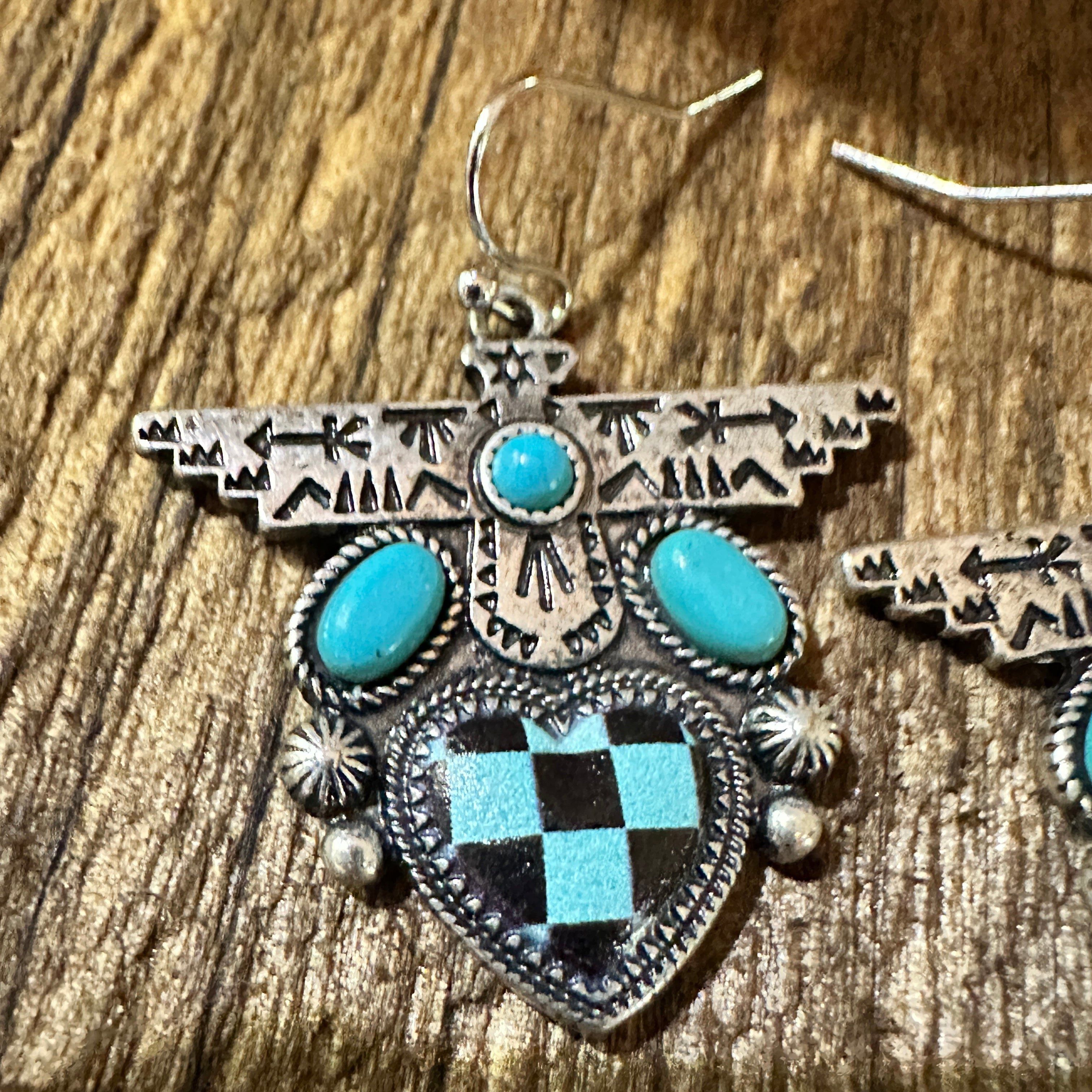 Other Boho Turquoise Thunderbird Earrings, Stylish Checkered Desig Size ONE SIZE - 4 Thumbnail
