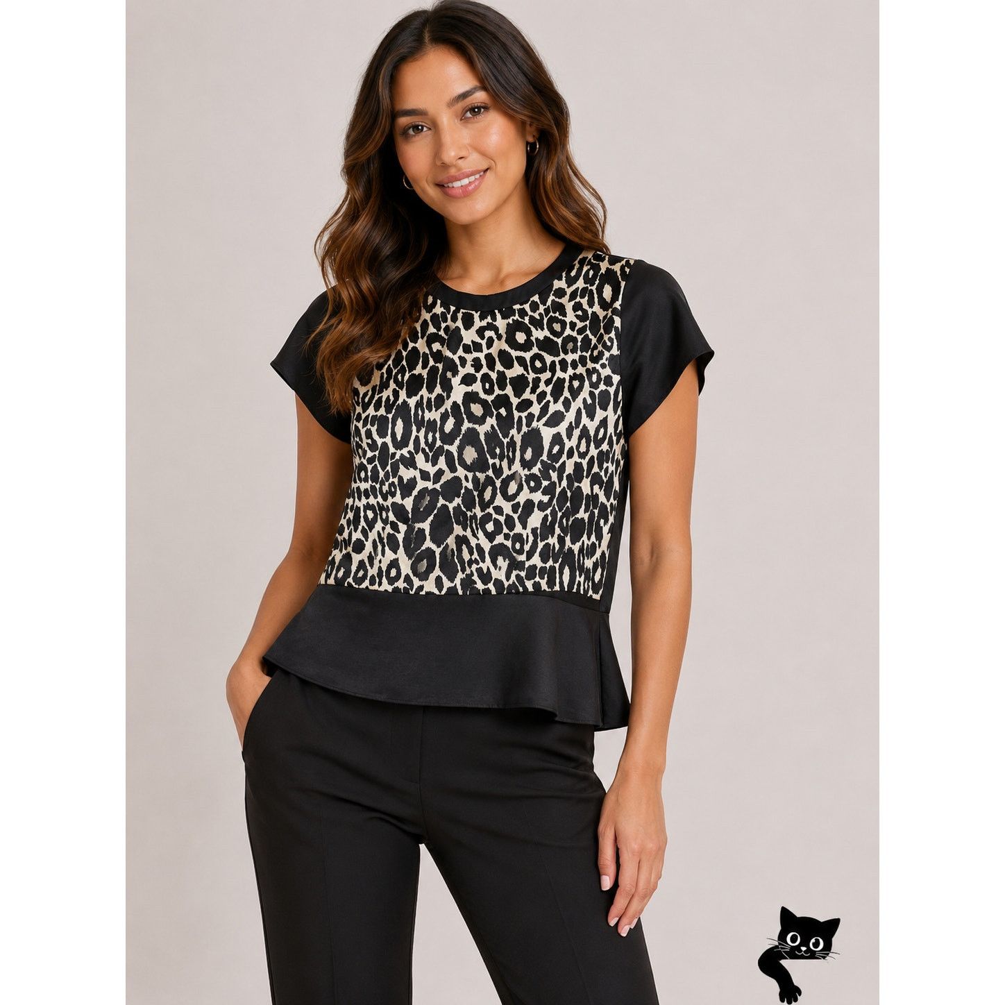 Other ASV Asava Black Cheetah Print Satin Short Sleeve Peplum Top Size M / US 6-8 / IT 42-44 - 3 Thumbnail