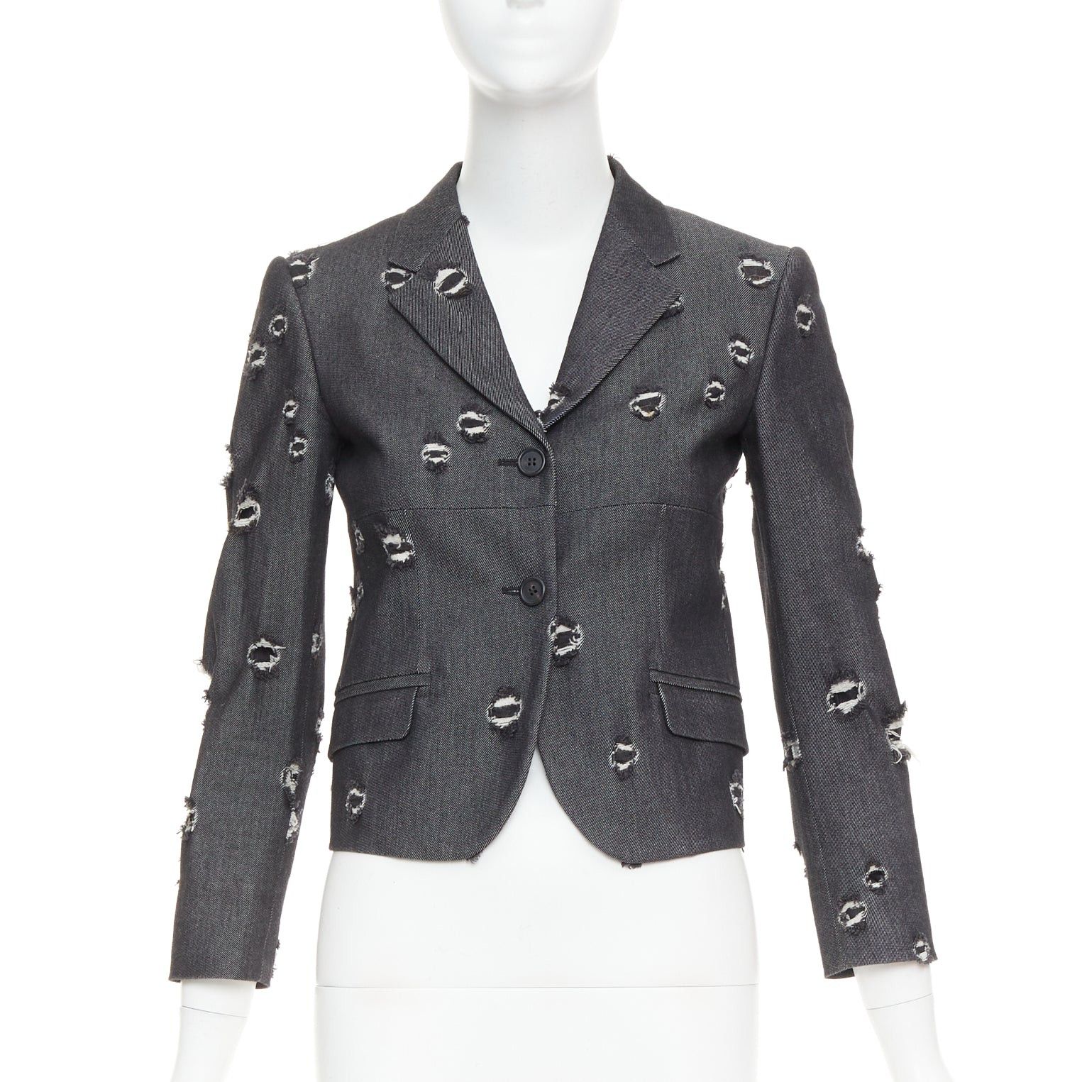 Miu Miu MIU MIU 2009 grey distressed holey cotton cropped blazer schoolboy jacket IT38 XS Size XS / US 0-2 / IT 36-38 - 1 Thumbnail