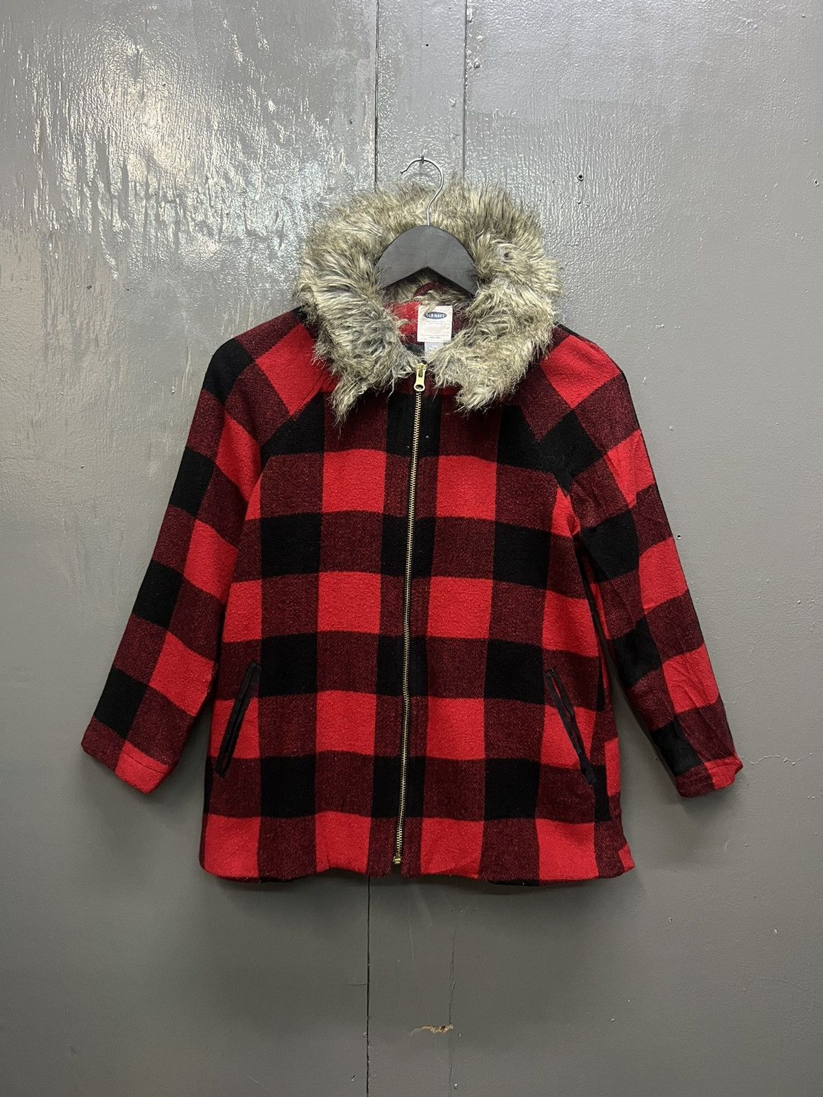 Old Navy Old Navy Red Plaid Faux Fur Collar Jacket Size S / US 4 / IT 40 - 1 Thumbnail