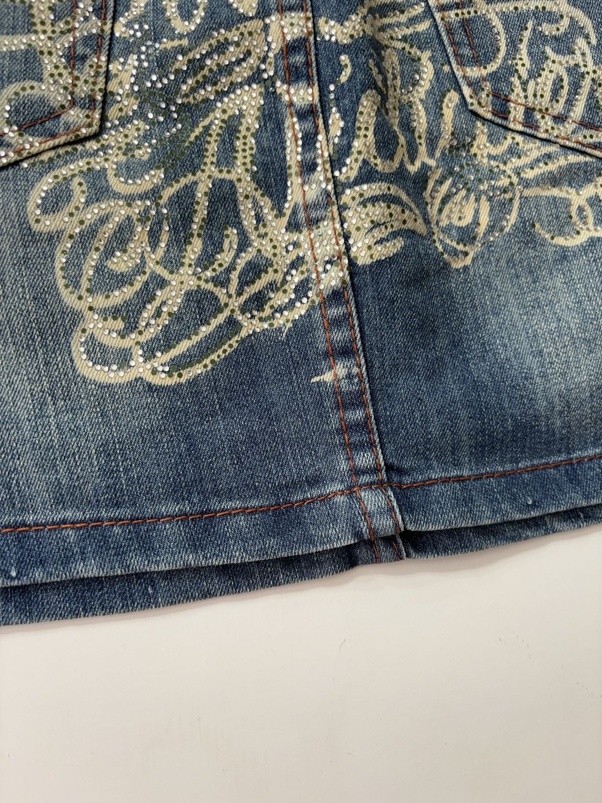 Christian Audigier × Designer × Vintage RARE CHRISTIAN AUDIGIER VINTAGE DENIM PRINTED MINI SKIRT 00s Size 30" / US 8 / IT 44 - 10 Thumbnail
