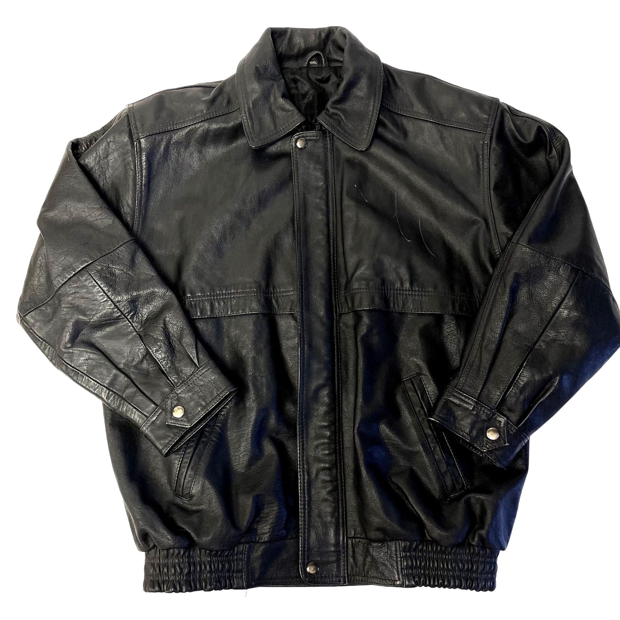 image of Unkwn 80's Leather Motorcycle Bomber Winter Biker Streetwear Jacket in Black, Men's (Size 2XL)