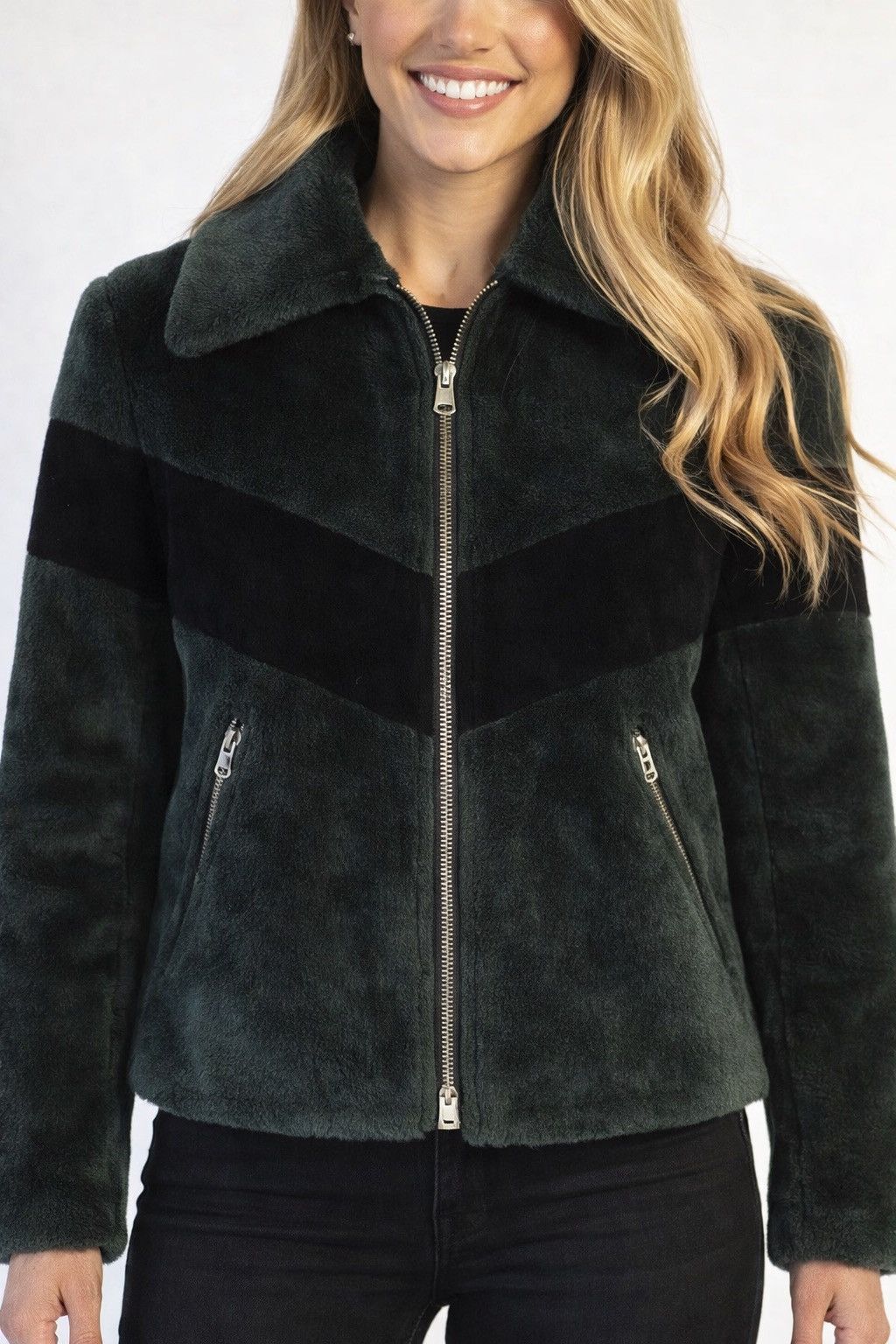 Sandro Sandro Shearling & Leather Zip Jacket Black & Green Chevron Size M / US 6-8 / IT 42-44 - 1 Thumbnail