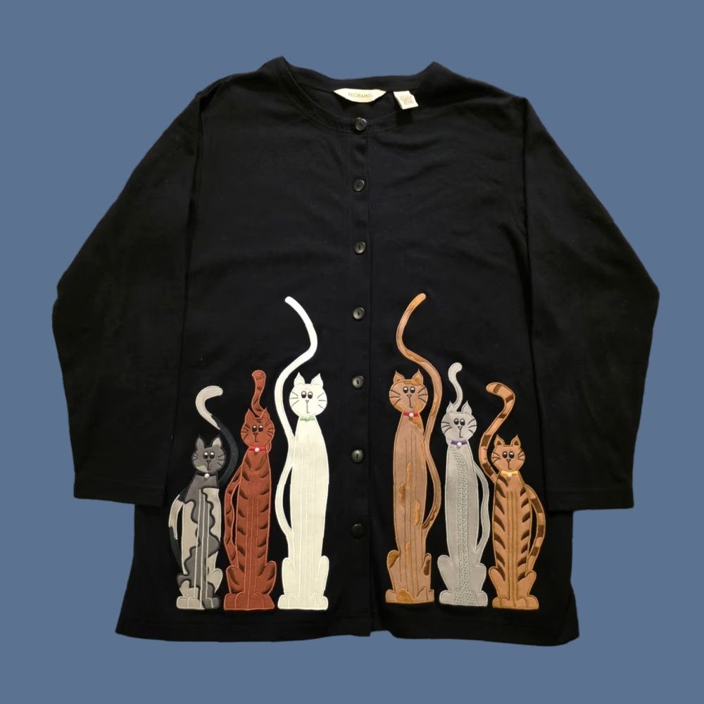 Vintage Bechamel Shirt Long Sleeve Button-Up Embroidered Cats Black Womens Large Size L / US 10 / IT 46 - 1 Thumbnail
