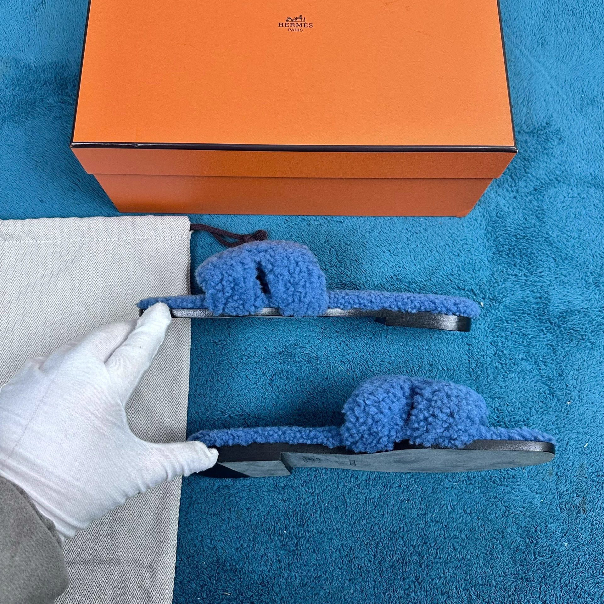 Hermes Hermès Oran Fluffy Slide Blue 38 New Size US 7 / IT 37 - 3 Thumbnail