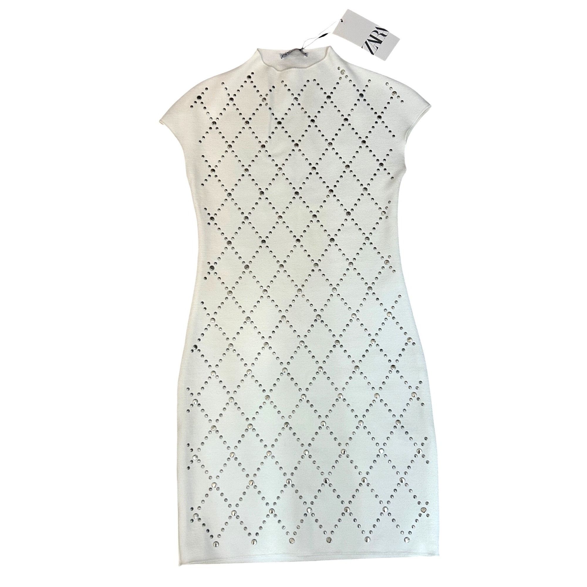 Zara Zara Women’s Mini Dress S White Knit Silver Studded High Nec Size S / US 4 / IT 40 - 11 Thumbnail