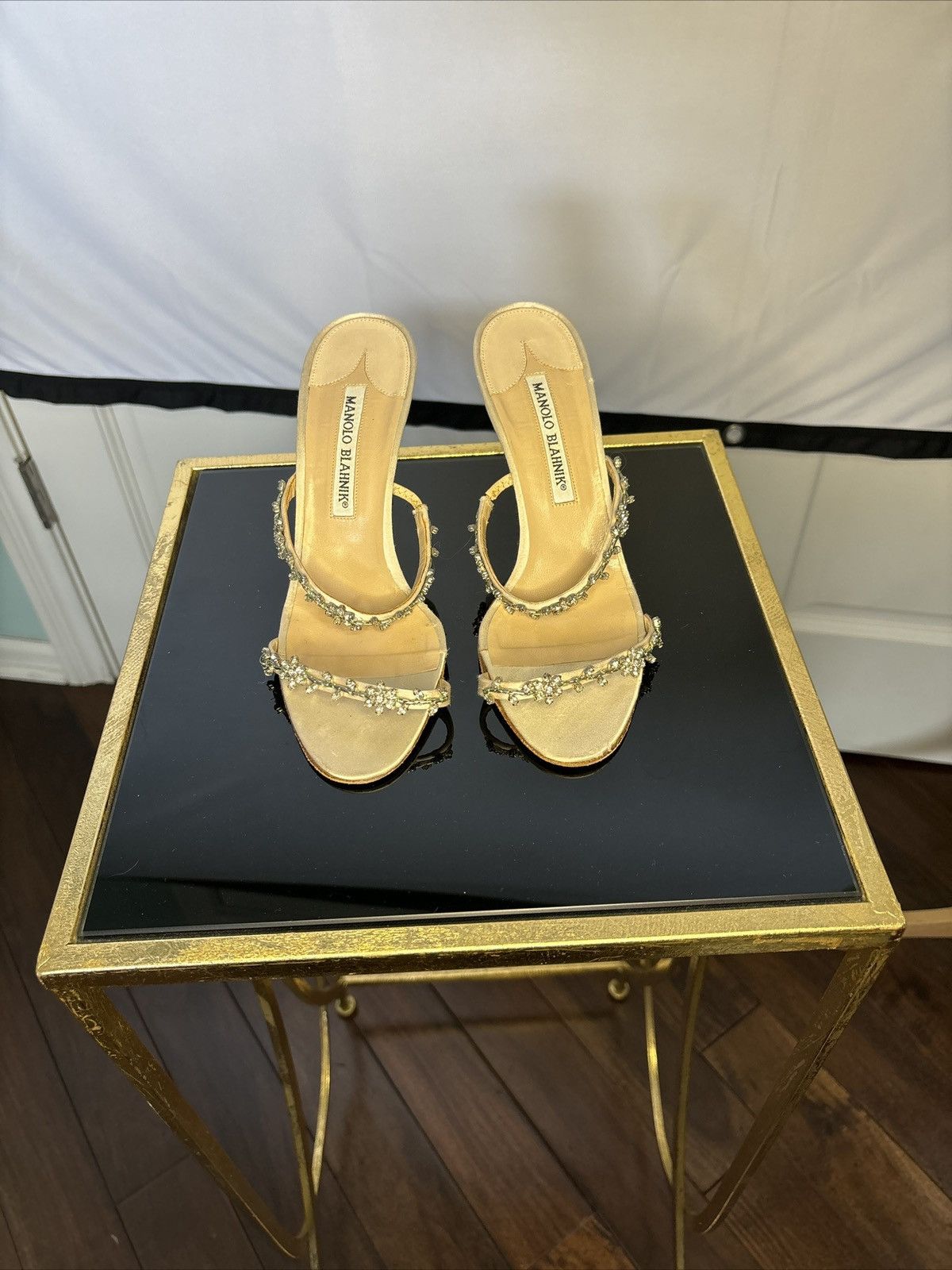 image of Manolo Blahnik Embellished Heel Shoes 6/36 in Cream, Women's