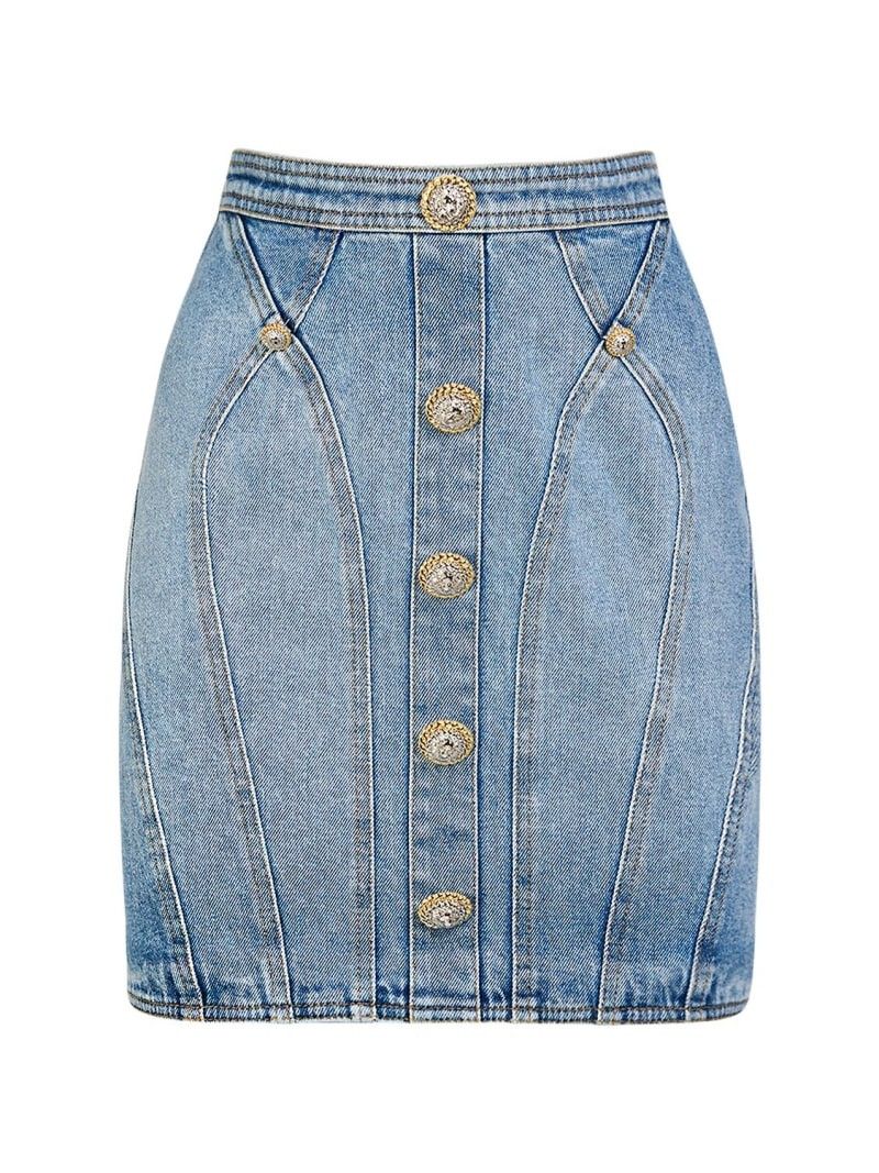 Balmain o1s1wg110725 Stretch Cotton Denim Mini Skirt in Blue Size 27" / US 4 / IT 40 - 1 Thumbnail