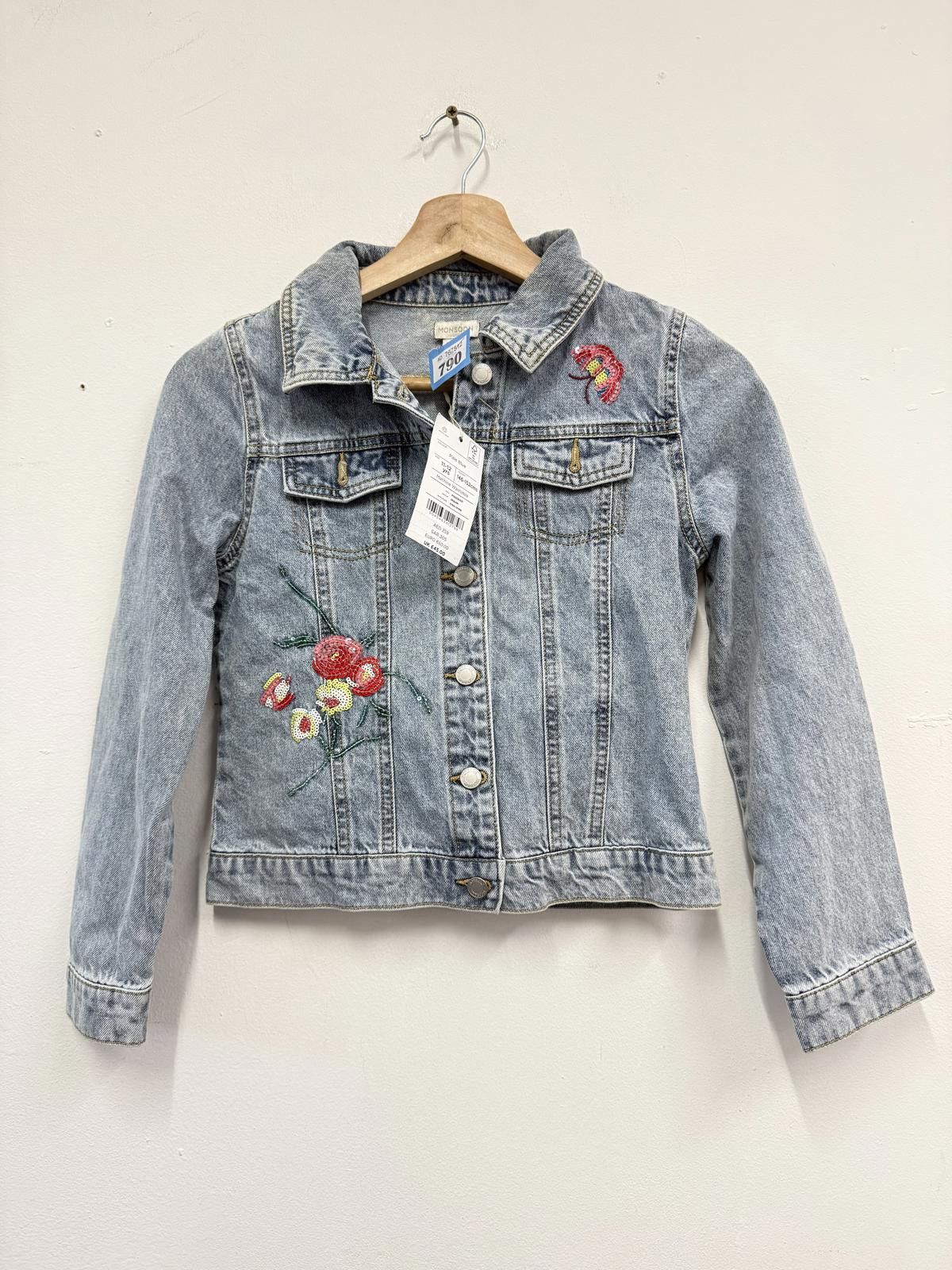 Other Monsoon Girls Pale Blue Denim Jacket with Floral Embroidery, Size ONE SIZE - 1 Thumbnail