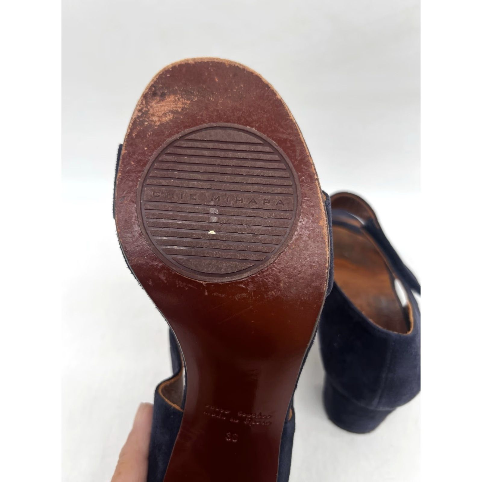 Vintage Chie Mihara Blue Suede Strap Sandals 2.5" Heel Women's Size 7 Open Toe Hook & Loop Stylish Block Heels Made in Spain Size US 7 / IT 37 - 6 Thumbnail