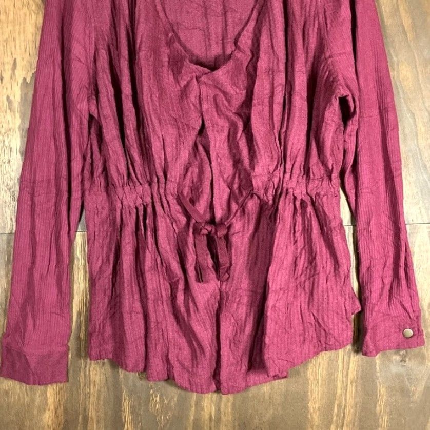 Vintage Knox Rose Womens Blouse Burgundy Waist Tie Peplum Long Sleeve Stretch Large Size L / US 10 / IT 46 - 3 Thumbnail