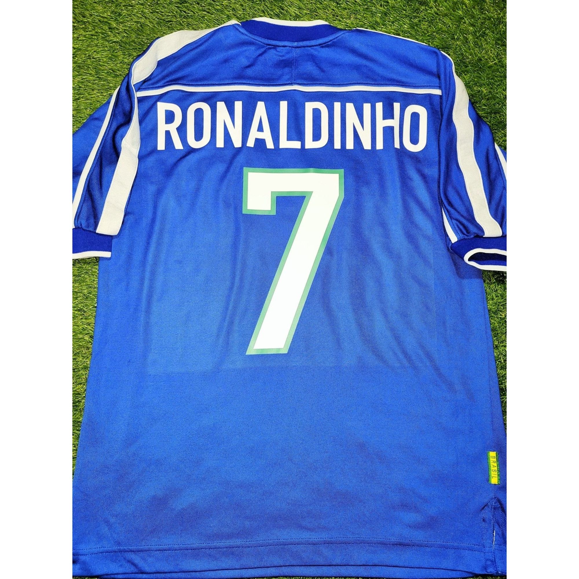 image of Nike Ronaldinho Brazil 1998 1999 Away Soccer Jersey Shirt L in Blue, Men's (Size Large)