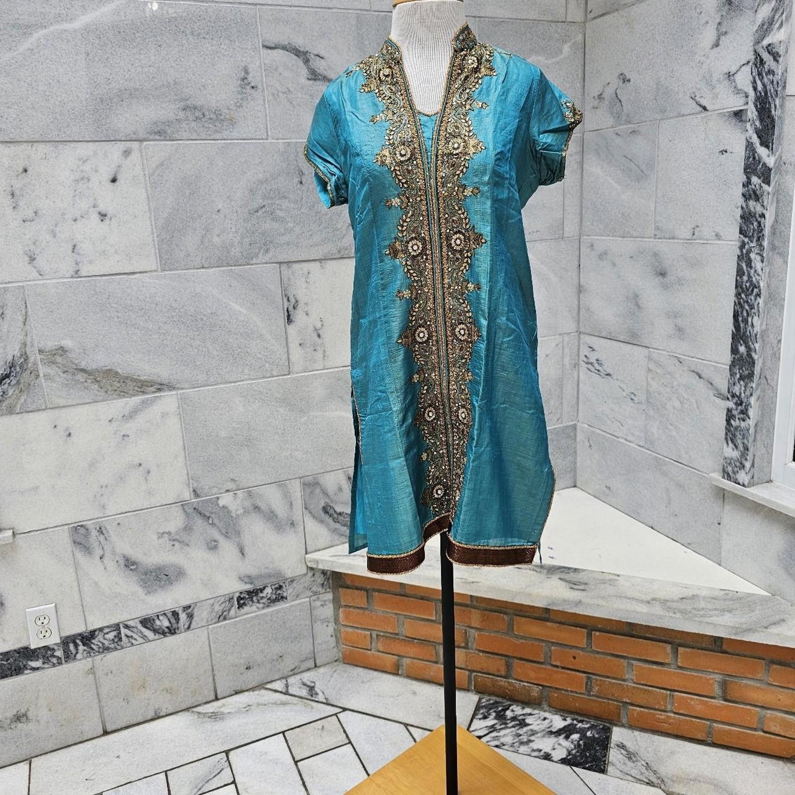 Women's Kurta Style Aqua Blue and Gold Dress
