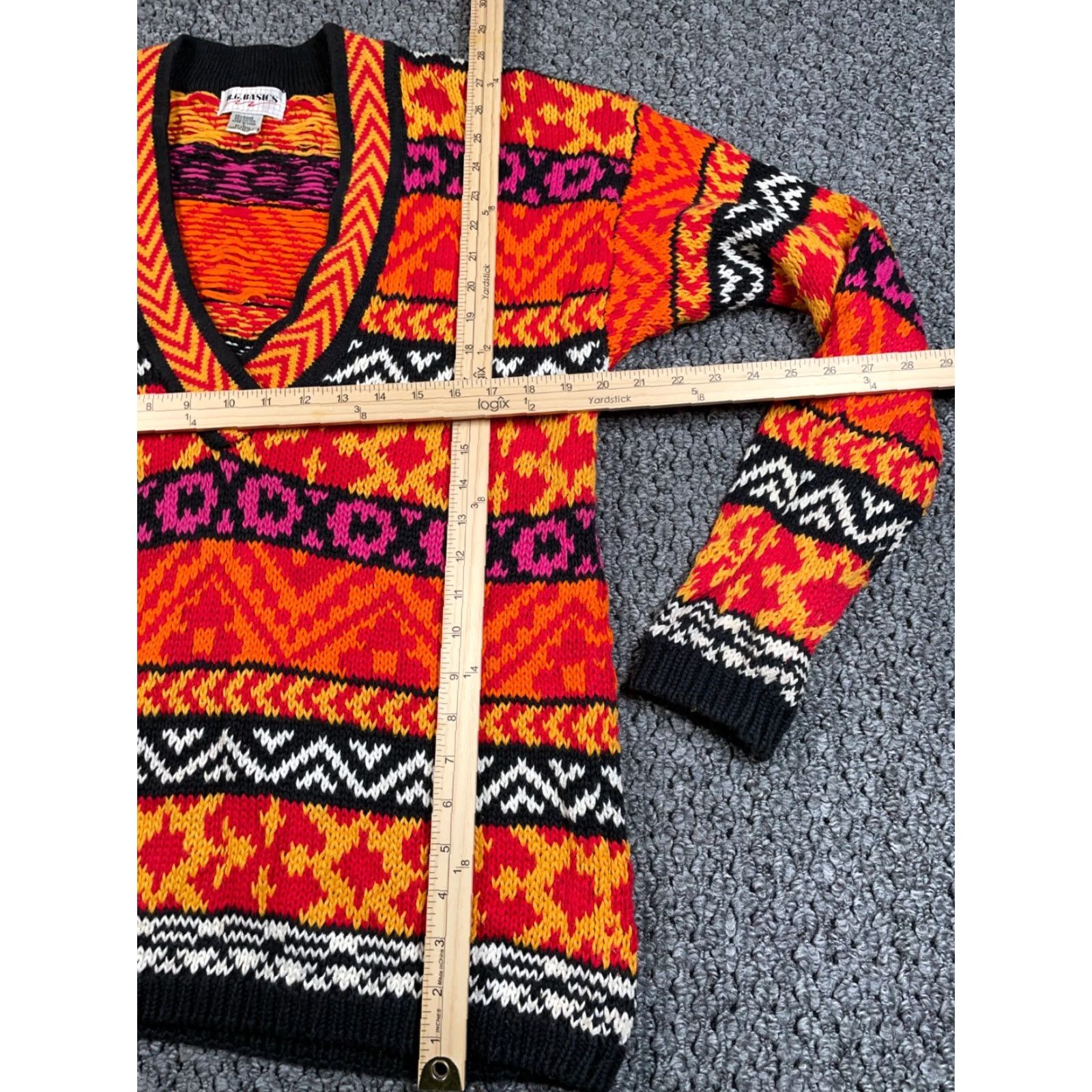 Pinko Vintage Women's Large Orange Pink Geometric Chunky Knit V-Neck Sweater 90s Retro Hipster Fall Winter Size L / US 10 / IT 46 - 6 Thumbnail