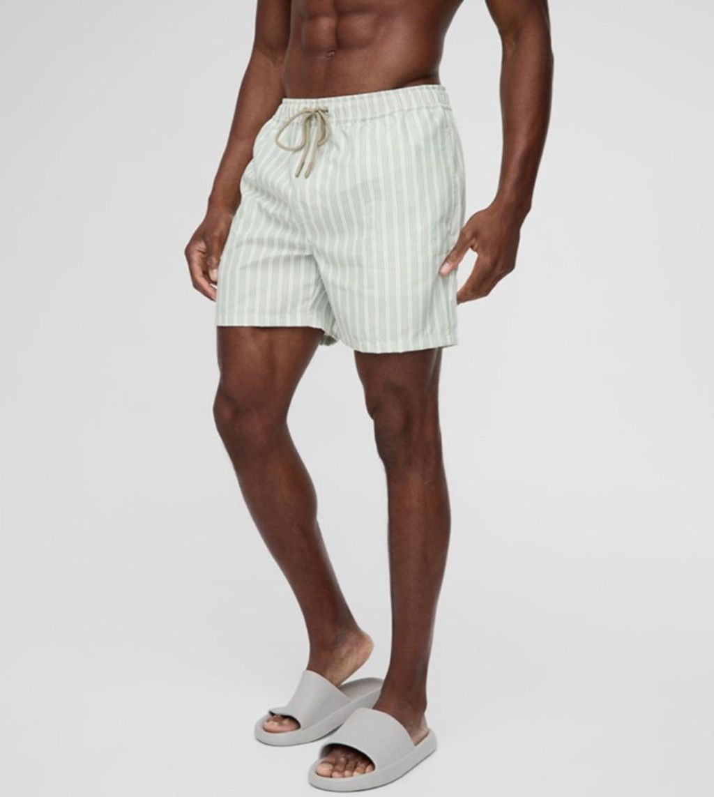 Boohoo Men's BoohooMAN Striped Swim Trunks M Light Green Beige Size US 34 / EU 50 - 1 Thumbnail