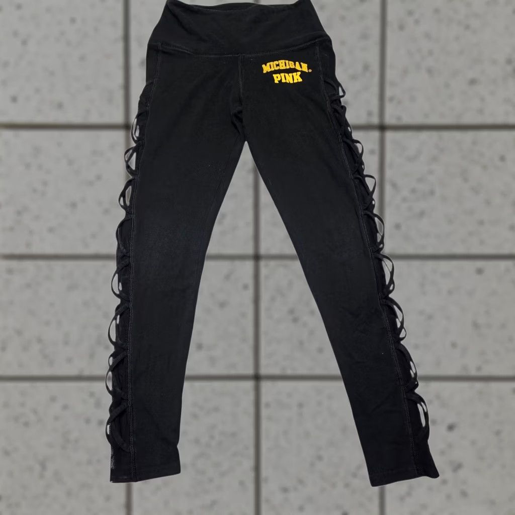 Pinko PINK Victoria's Secret Leggings Michigan Wolverines Womens XS Lace Up Sides Jogger Black XS Womens Size 26" / US 2 / IT 38 - 1 Thumbnail