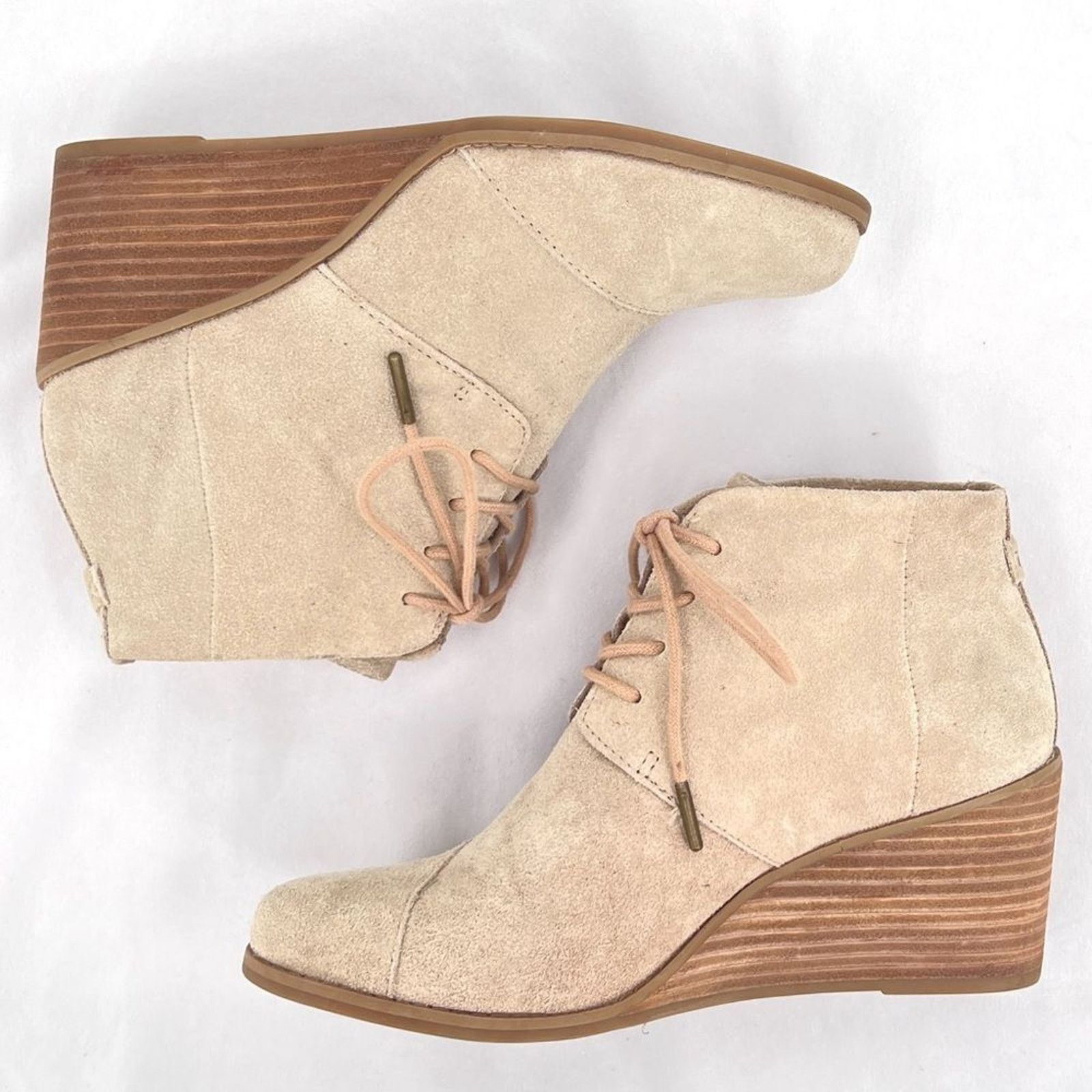 Toms Toms Hyde Suede Leather Creamy Tan Lace Up Wedge Heel Ankle Size US 8 / IT 38 - 3 Thumbnail