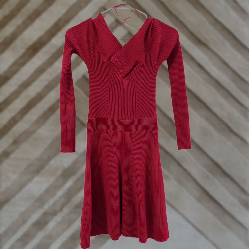 Vintage Candie’s Knit Dress Junior's S Red Long Sleeve Knee Length V-Neck Size S / US 4 / IT 40 - 1 Thumbnail