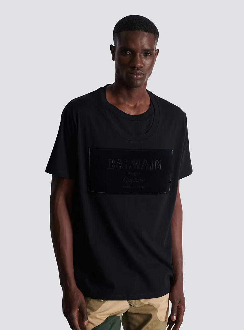 Balmain o1s1wg110126 Big Couture Label Flock T-Shirt in Black Size US XL / EU 56 / 4 - 5 Thumbnail