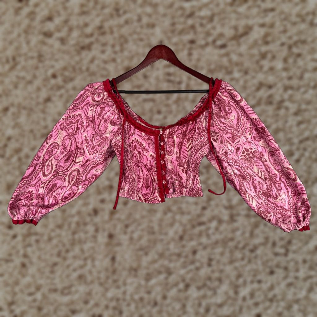 Free People Free People Blouse Shirt Womens S Pink Velvet Cropped Balloon Sleeve Square Neck Paisley 70s Bohemian College Fairy Hippie Peasant Collarless Ladies Size S / US 4 / IT 40 - 1 Thumbnail